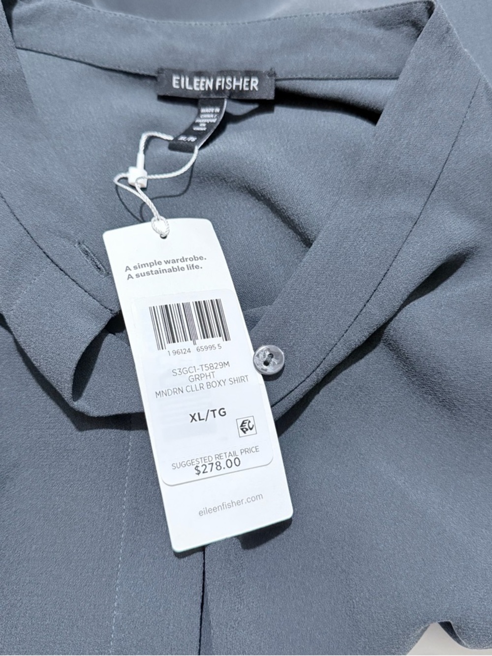 Eileen Fisher Silk Georgette Crepe Mandarin Collar Boxy Large Graphite NWT - Picture 5 of 9